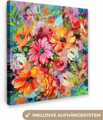 Produktbild von MuchoWow® - Leinwandbilder - Blumen - Farbenfroh - Kunst - Ölgemälde, Wandbild, Wanddeko Bilder Wohnzimmer, 50x50 cm