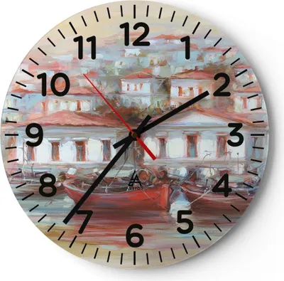 Produktbild von Wanduhr - Rund - Glasuhr - Bild Segelboot Hafen - 30x30cm - Schleichendes Uhrwerk - Lautlos - zum Aufhängen bereit - Dekoration Modern - Wanddekoration aus Glas - C4AR30x30-4937
