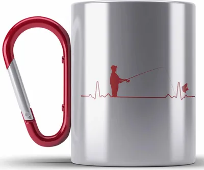 Produktbild von Trendation - Angler Edelstahl Tasse Karabiner Geschenk Männer Grafik Herzschlag Lustig für Fischer Geschenkidee Angeln Fischen (Rot)