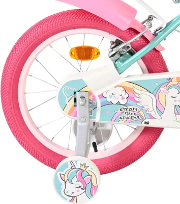 Immagine prodotto di Bicicletta per bambini Volare Unicorn, 16 pollici, verde, con freni a mani e ruote stabilizzatrici