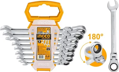 Image de Jeu de clés mixtes avec cliquet et articulation 8pcs Ingco