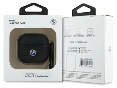 The image shows the retail packaging for a BMW AirPods case.