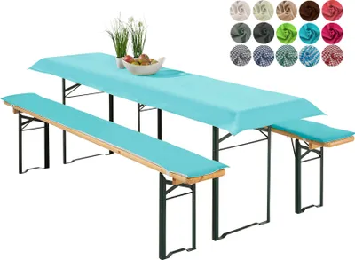 Produktbild von heimtexland ® Bierzeltgarnitur Auflagen Set 3-teilig Tischdecke Bierbank Polster Sitzkissen Tischdeko Typ698 Aqua für Tischmaß 70x220 cm