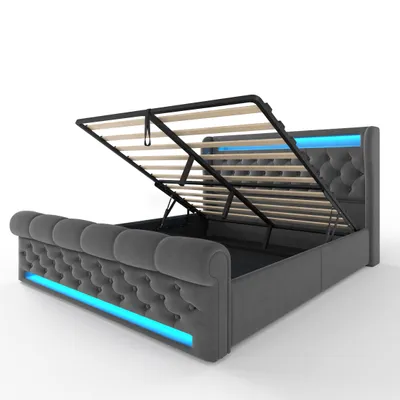 Produktbild von MODFU Polsterbett 140x200 Boxspringbett mit Bettkasten und Stauraum-Kopfteil,Doppelbett mit LED,USB,Typ-C-Anschlüssen,Jugendbett-ohne Matratze,Grau