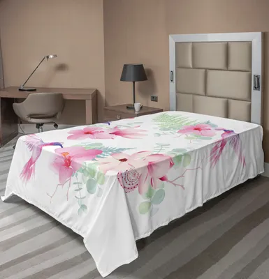 Produktbild von ABAKUHAUS Kolibri Bettlaken, Zwei Kolibris, Die Nektar Von Einer Rebe Blüten Sommerzeit Nippen, weiches bequemes oberes Bettlaken für ein dekoratives Bett 1 Stück 260 cm x 168 cm, Hellgrün Blassrosa