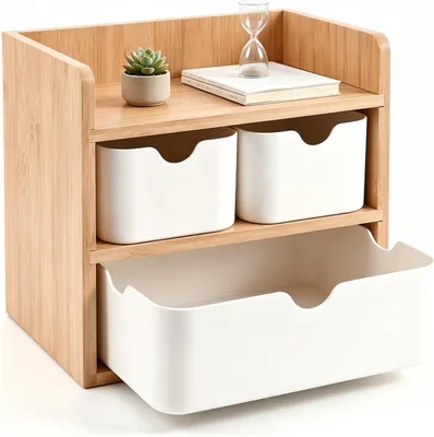 Image de Boîte de rangement avec 3 tiroirs, en bois et bambou, organisateur de bureau, 1 pièce, pour bureau