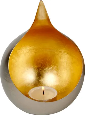 Produktbild von Lambert Caldera Windlicht Eisen klein außen vernickelt gebürstet, innen Metalblatt gold H 15 cm, D 11,5 cm, passend für Teelichter 40607