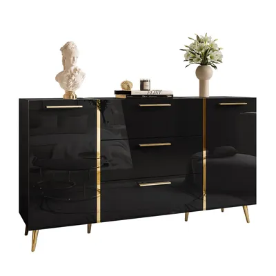 Produktbild von Kommode mit Schubladen ONYX Schwarz   auf goldenen Beinen Hochglanz 158 cm mit Griffe