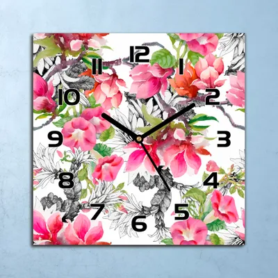 Produktbild von Wanduhr Echt-Glas-Küchenuhr Blumen Aquarell Quarz Lautlos 30x30 Deko Bilder
