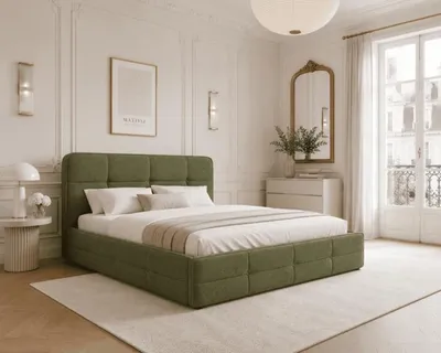Produktbild von MOEBLO Polsterbett Bett 17 – Doppelbett mit Aragon-Stoff, gepolstertem Kopfteil, Metallrahmen, Bettkasten und Federmechanismus - 140x200 cm - Olivgrün (Aragon 39)