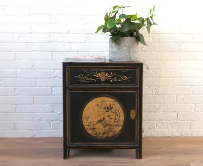 Produktbild von Nachtkästchen Nachttisch Nachtkommode Nachtschrank Nachtschränkchen Kommode Schrank Möbel asiatisch orientalisch chinesisch fernöstlich schwarz-beige Vintage Shabby-chic antik Landhaus-Stil