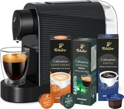 Produktbild von Tchibo Cafissimo „Pure plus“ Kaffeemaschine Kapselmaschine inkl. 30 Kapseln für Caffè Crema und Espresso, 0,8l, 1250 Watt, Schwarz