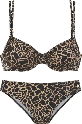 A bikini set with a giraffe print.