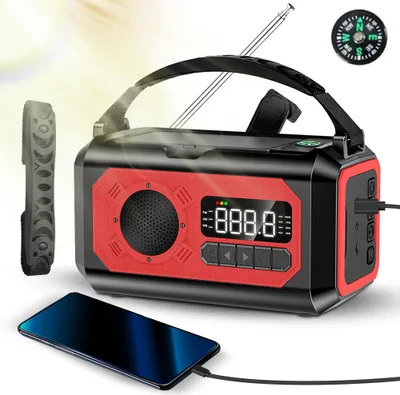 Produktbild von Wetterradio mit Kurbel fuer Notfaelle mit NOAA-Wetterwarnung, 12.000 mAh Solar-Handkurbel, tragbares AM/FM/WB-Radio mit 3 Modi, Taschenlampe/Leselampe/Handy-Ladegeraet/SOS/Kopfhoereranschluss/Kompass fuer Zuhause, Camping und Notfaelle