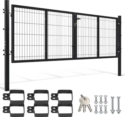 Zdjęcie produktu dla Podwójna brama ogrodowa Izrielar, kolor antracytowy, 300 x 100 cm, w zestawie z klamką, zamkiem, kluczami i blokadą podłogową – furtka ogrodowa, brama wjazdowa, drzwi podwórkowe, rura kwadratowa