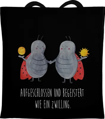 Produktbild von Mr. & Mrs. Panda Tote Bag Sternzeichen Zwilling - Schwarz - Geschenk, Zwillingsschwester, Jutebeutel, Shopping Tasche, Einkaufstasche, Tragetasche, Schultasche, Zwillinge