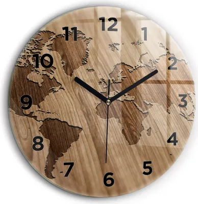Produktbild von Wallfluent Große Wanduhr – Stilles Quarzuhrwerk - Uhr Dekoration Wohnzimmer Schlafzimmer Küche - Zifferblatt - schwarze Zeiger - 60 cm - Weltkarte auf Holz