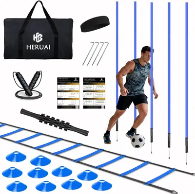 Produktbild von Fußball Trainingsset, 6 m Koordinationsleiter, 5 Slalomstangen, 10 Pylonen, Springseil, für Schnelligkeit