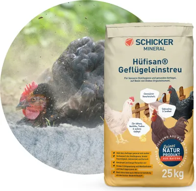 A bag of chicken litter with chickens in the background.