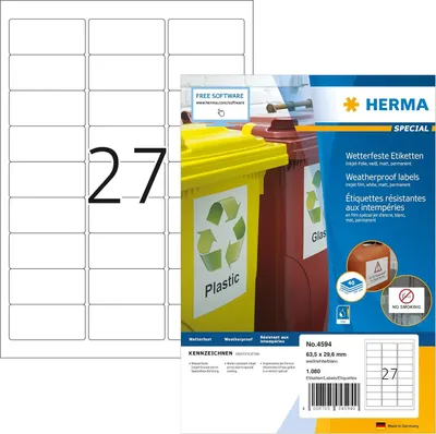 Produktbild von HERMA 4594 Wetterfeste Folienetiketten für Inkjet Drucker, 40 Blatt, 63,5 x 29,6 mm, 27 pro A4 Bogen, 1080 Stück, selbstklebend, bedruckbar, Klebeetiketten Aufkleber für Tintenstrahldrucker, weiß
