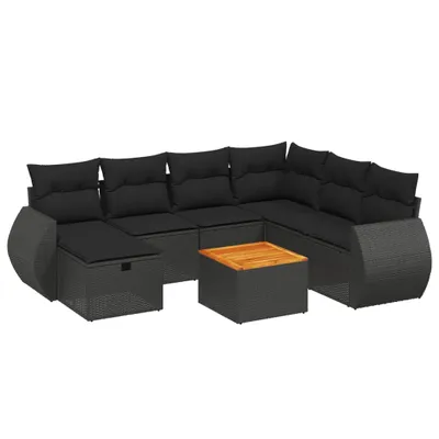 Produktbild von Modulares Garten-Loungeset 8-tlg., Poly Rattan Schwarz, mit abnehmbaren Kissen, pulverbeschichteter Stahlrahmen, Akazienholz-Tischplatte