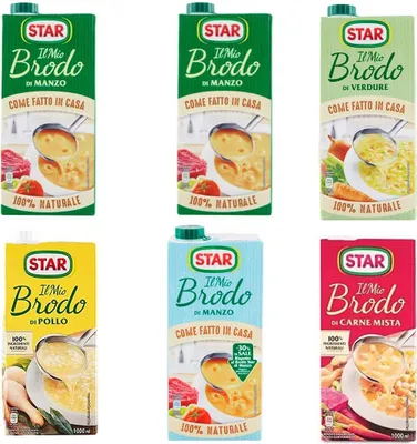 Produktbild von Star brodo Testpaket Manzo Pollo Carne mista Vegetale Brühe Flüssigkeit Rindfleisch an Geschmack Fertiggerichte 6x 1Lt