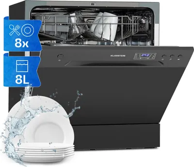 A black countertop dishwasher with its door open, showing the interior. Blue overlays indicate product features, and a stack of plates with water splashes is in the foreground.