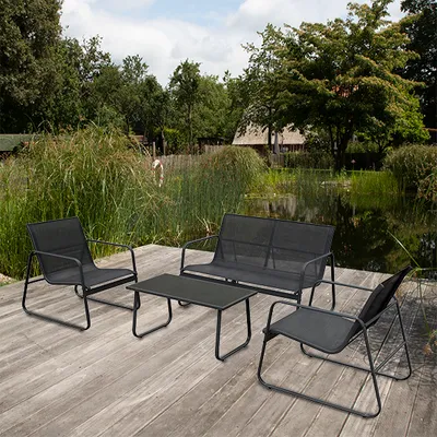 Produktbild von Lounge-Set mit 3 Sitzplätzen, Sofa, 2 Stühlen und Glastisch (83x44,5 cm), Textilene, Metall