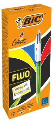 Image de BIC 4Colours Fluo Stylo à bille retractable avec clip Noir, Bleu, Rouge, Jaune 12 pièce(s)