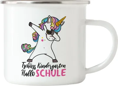 Produktbild von Tschüss Kindergarten Hallo Schule Emaille Tasse Einschulungsgeschenk Einhorn Unicorn Fans