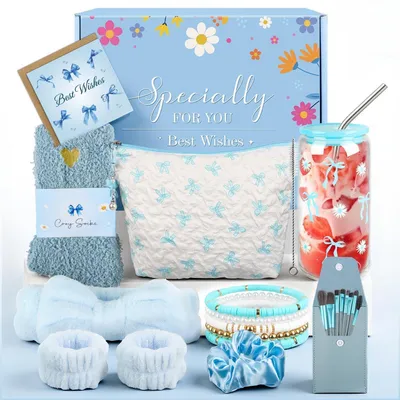 Immagine prodotto di Set regalo per ragazze dai 9 ai 18 anni | Ideale per compleanni, Natale | Include: braccialetto, calzini, biglietto di auguri, bicchiere, pochette, pennelli da trucco, fascia per capelli | Colore: blu
