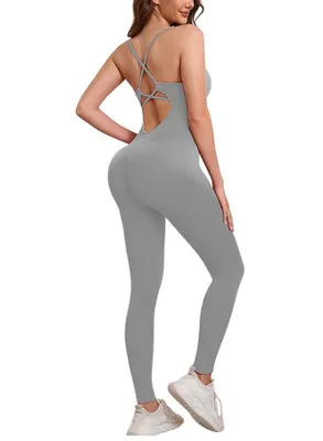Produktbild von ASKSA Sport Jumpsuits fuer Damen Elastischer Figurformender Jumpsuit Damen Eng Nahtloser Bodysuit Bauchweg Overall Workout Body Einteiler Sportanzug,Hellgrau,L