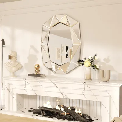 Image de Miroir mural Vrygle 100 × 72 cm, grand format, miroir décoratif argenté au motif diamant, miroir en verre t moderne pour la salle de bains, le salon ou le couloir