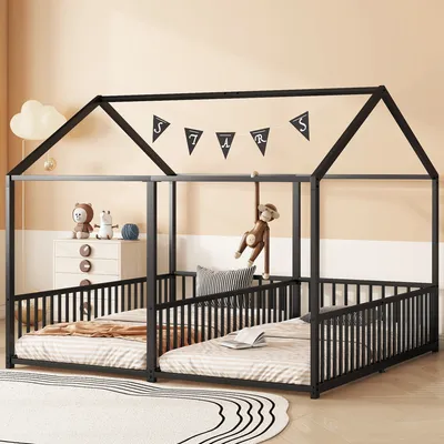 Obrázek produktu pro okwish Dětská postel ve tvaru domu 90x200cm s latěmi a zábranou, kovová postel, dětská postel, model domu, manželský design (bez matrace), Černá