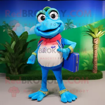 Produktbild von Maskottchen REDBROKOLY kostüm Blauer Frosch bekleidet mit Bermudashorts und Clutch-Taschen