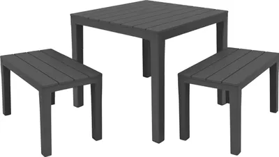 Immagine prodotto di 2.03 Set di mobili da giardino PAPUA - Tavolo 78x78 cm con 2 panchine - Mobili da giardino in antracite