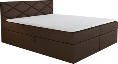 A brown boxspring bed with a white mattress and a diamond-patterned headboard, shown against a white background.