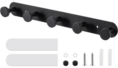 Edelstahl-Haken 5er-Set, selbstklebend, schwarz, bis 5 kg pro Haken