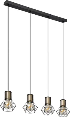 Produktbild von Globo Lighting Hängeleuchte Metall schwarz matt, Metall altmessing, Metallgeflecht schwarz matt, Kabel PVC Schwarz, LxBxH: 720x130x1200mm, exkl. 4x E27 40W 230V