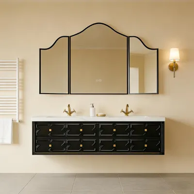 Produktbild von Wandhängendes Sinterstein Waschbecken Set, Badezimmer Waschtisch Set,Spiegelschrank, Modernes Badmöbel Set, mit Armaturenloch Schwarz 130*55cm /DJBGH/