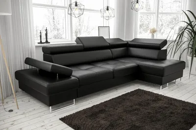 Produktbild von Ecksofa Galaxy Mini 170×280 mit Schlaffunktion & Bettkasten, verstellbare Kopfstützen & Armlehne - Kunstleder Madrit, Schwarz - Rechts