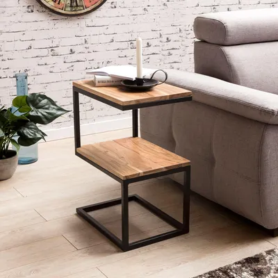 Image de Table d'appoint FineBuy en forme de S, en bois d'acacia massif et métal, 45 x 60 x 30 cm, table de salon design, style cottage, table d'appoint, table de rangement, forme carrée
