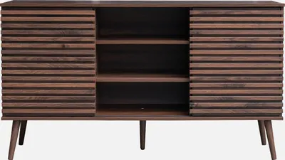 A wooden sideboard with sliding doors and shelves.