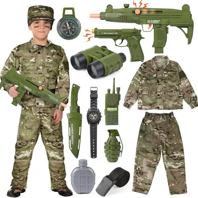 Produktbild von Militäranzug Kinder Kostüm Soldat - 13-teilig - Walkie-Talkie und Maschinenpistole - Camouflage - Für Kinder und Mädchen