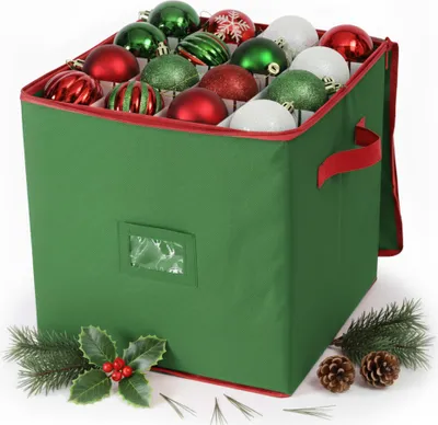 Obrázok produktu pre Úložná krabica na vianočné gule Relaxdays, 64 gulí, VxŠxH: 33 x 33 x 33 cm, polyester, lepenka, krabica na gule, zelená/červená
