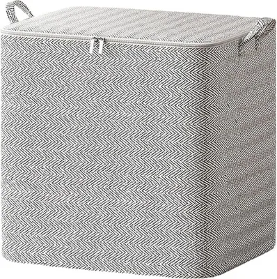 A folded storage bag with a herringbone pattern.