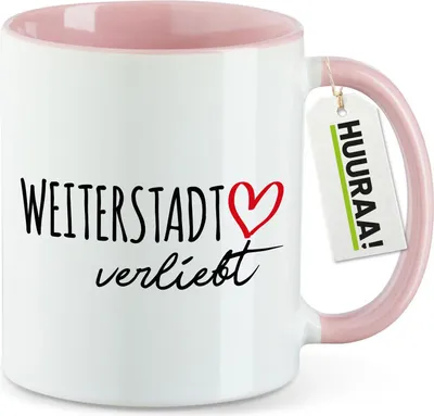 Produktbild von Huuraa Kaffeetasse Weiterstadt verliebt 330ml Rosa Keramik Kaffeebecher Geschenkidee