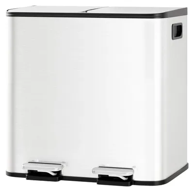 Immagine prodotto di Contenitore per rifiuti da cucina - Pattumiera a pedale da incasso, doppia - 2 x 15 litri - 2 scomparti - Acciaio inossidabile - Coperchio con chiusura ammortizzata - Contenitori interni estraibili - Bianco