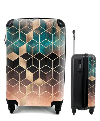 Produktbild von MuchoWow® Koffer Handgepäck Trolley Rollkoffer Kleine Reisekoffer mit 4 Rollen - Abstrakt - Würfel - Gold - Muster - Luxus - Cabin Size < 55x40x23 cm & 55x40x20 cm - Fotokoffer - Kabinenkoffer - Boardgepäck - Reise-Box - Reisekoffer - Reisegepäck - Koffer mit Bild - Trolley für Kinder