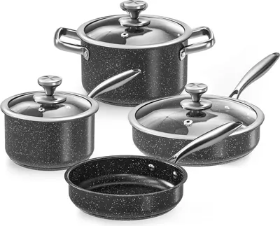 Produktbild von 7-teilige Kochset mit rostfreien Pfannen, Antihaftbeschichtung und Granitbelag